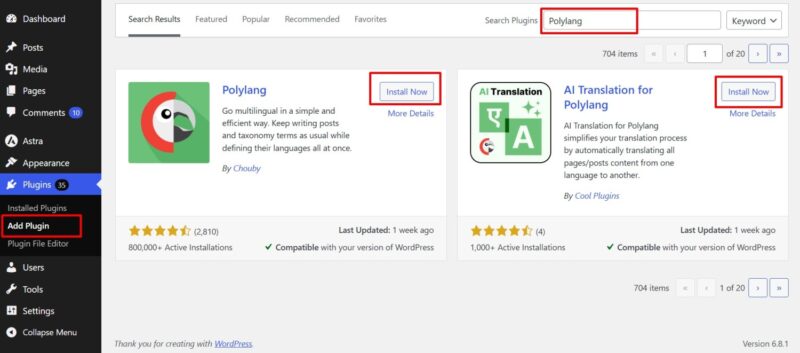 instalar polylang y addon de traducción ai