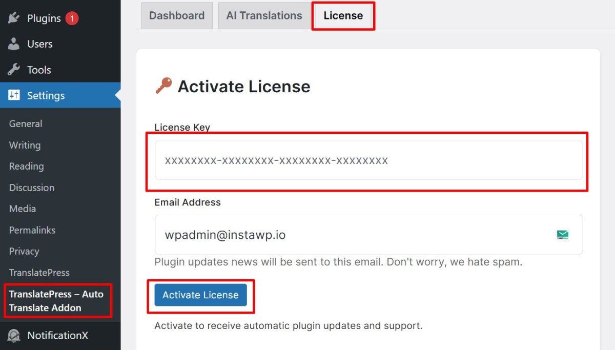 translatepress license activation
