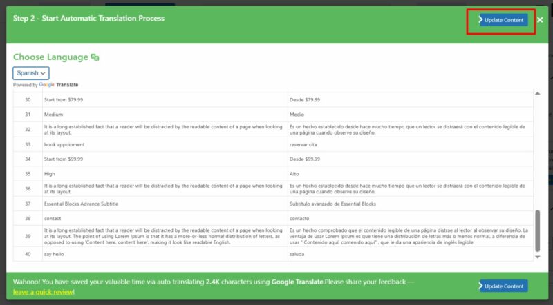 update content google translate